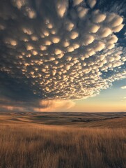 Wall Mural - A stunning landscape showcasing dramatic clouds over a serene grassy field at sunset.