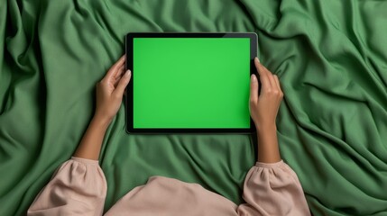 Touching a green screen tablet from a woman's hands in bed closeup.