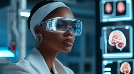 Poster - African female doctor examining complex medical data on a futuristic holographic display