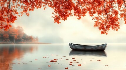 autumn leaves decorating a tranquil lake, an isolated rowboat gently gliding on the calm water, with a soft pastel sky above, creating a peaceful ambiance with plenty of space for text