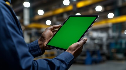 Poster - An industrial worker is shown using a tablet with a green mock-up screen in a factory environment.