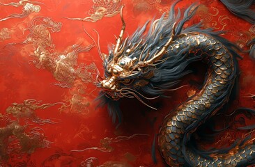 Poster - It is made of red cloth, decorated with dragons and flowers in the Chinese style.