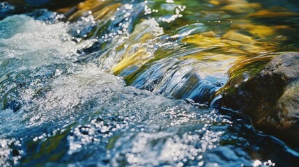 Poster - vibrant river water cascades over rocks in sunlight creating whitewater waves long exposure captures