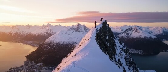 Poster - The summit of a snowy mountain range is dominated by a mountaineer standing in the foreground
