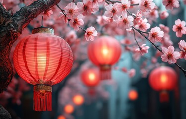 Poster - Lanterns and sakura. Chinese New Year celebration.