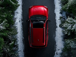 Poster - An aerial view of a red car driving through a white snowy forest on a country road in Finland, Lapland.