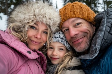 Portrait of a happy family gazing at the camera in a beautiful winter forest