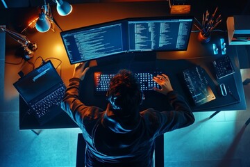Aufkleber - Developer programmer engaged in the design and coding of websites, writing code and database in the company office, and global cyber connection technologies