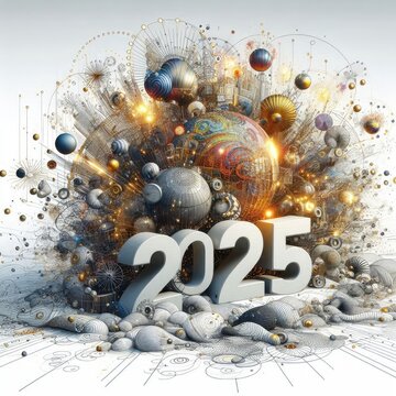 2025happy New Year, minimal modern and avant garde  sketches on a white background, 16:9. 3D Rendering