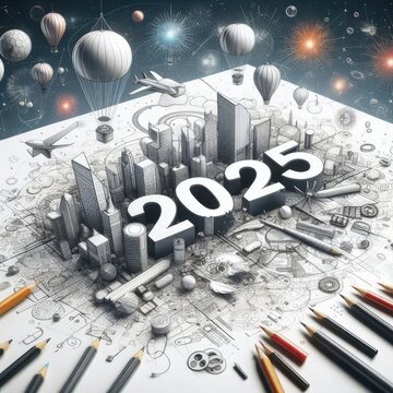  2025happy New Year, minimal modern and avant garde  sketches on a white background, 16:9. 3D Rendering
