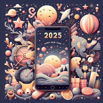  2025happy New Year, minimal modern and avant garde  sketches on a white background, 16:9. 3D Rendering