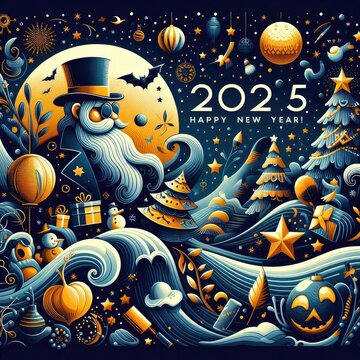  2025happy New Year, minimal modern and avant garde  sketches on a white background, 16:9. 3D Rendering