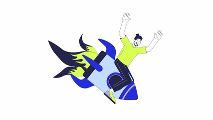 Poster - Caucasian man falling down on rocket 2D character animation. Startup failed. Business failure cartoon 4K video, alpha channel. Guy collapsing on space shuttle animated person on white background