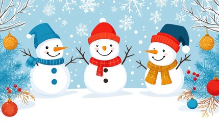 Canvas Print - Cute Abstract Winter Illustration of Snowmen