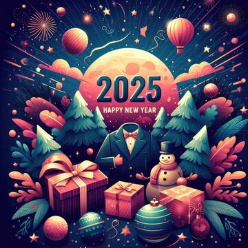  2025happy New Year, minimal modern and avant garde  sketches on a white background, 16:9. 3D Rendering