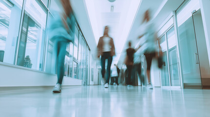 Blurred image of people walking in a modern office hallway, creating a dynamic and busy atmosphere.