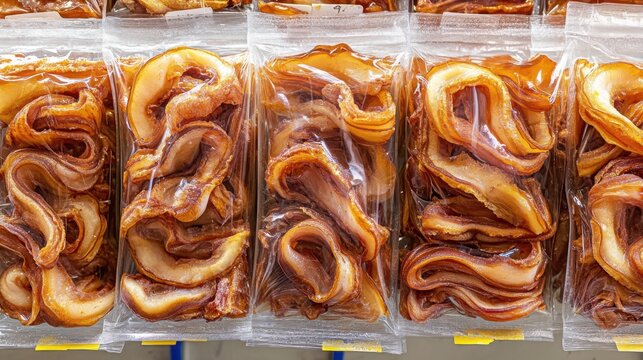 Shelf display of dried squid in plastic packaging, with vibrant labels in a local market setting.