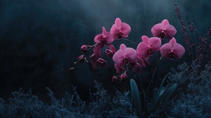 Poster - A dark, moody background frames a group of stunning pink orchids, emphasizing their intricate textures and the beauty of nature.