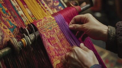Aufkleber - An artistic close-up of the hand weaving process of Thai silk, highlighting the expert technique and vibrant colors of the threads in action