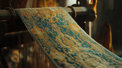Aufkleber - Detailed shot of traditional Thai silk being woven by hand, capturing the skilled movements of the weaver and the beauty of the fabric