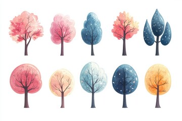 Poster - A collection of whimsical watercolor trees in various colors and styles, symbolizing the beauty of nature through different seasons.