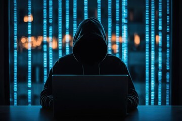 Aufkleber - A silhouette of a person wearing a hood, working on a laptop in a dimly lit room with blue LED lights in the background, evoking a mysterious atmosphere.