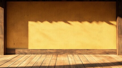 Poster - A warm, rustic wooden room with a yellow wall, perfect for showcasing artwork or graphy. Ideal for creative backgrounds.