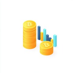 Poster - Stylized illustration featuring Bitcoin coins stacked beside a vibrant bar graph, symbolizing cryptocurrency growth and financial insight.