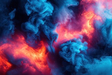 Poster - Vibrant cosmic clouds swirl in a fusion of blue, orange, and pink hues, creating a mesmerizing abstract space background. Perfect for digital art.