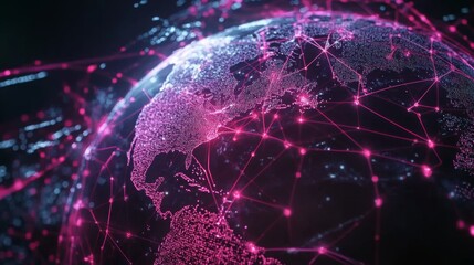 Fototapete - A vibrant digital globe interconnected with glowing nodes, representing global connectivity and technological advancements.
