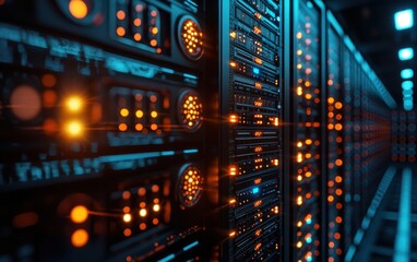 Poster - High-tech data center with glowing servers, showcasing modern technology and efficient data processing in a vibrant digital environment.