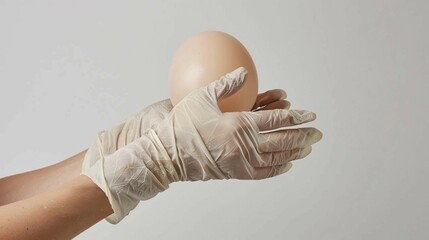 Mammoplasty with a gloved female doctor holding a silicone breast augmentation implant on a white background