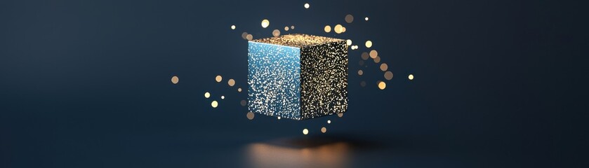 Poster - A sparkling, floating cube with shimmering particles creates an enchanting visual effect against a dark background.