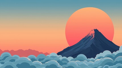 Poster - A stunning mountain silhouette against a vibrant sunset, surrounded by soft clouds, creating a peaceful and serene landscape scene.