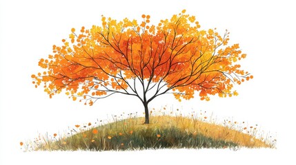 Wall Mural - Vibrant autumn tree with orange leaves on a hill, surrounded by soft grass. Perfect for seasonal, nature, or landscape designs.