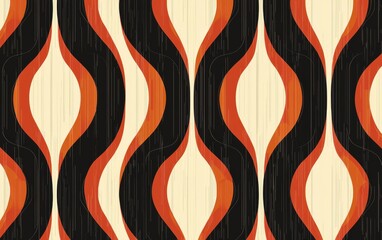 Poster - A vibrant retro pattern featuring bold waves in warm red, orange, and cream tones against a sleek black backdrop, perfect for modern design projects.