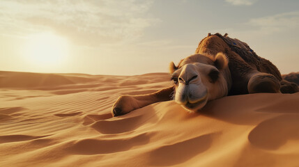 Wall Mural - Camel Resting on Sand Dunes at Sunset:
A camel lies peacefully on golden sand dunes under a warm, setting sun, capturing a tranquil desert scene.