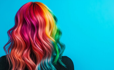 Woman with Vibrant Rainbow-Colored Hair:
Back view of a woman with long, wavy hair dyed in a vibrant rainbow gradient, set against a blue background.