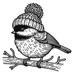 chickadee bird wearing a winter knitted cap on a tree branch sketch