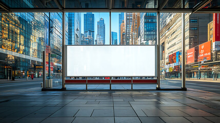 Large white cutout sign on a billboard by an empty bus stop, with a blurred backdrop of glass skyscrapers and street reflections