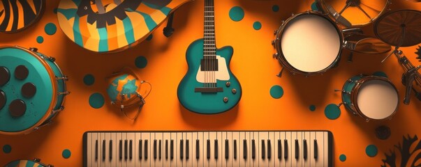 Sticker - A vibrant arrangement of musical instruments on an orange background.