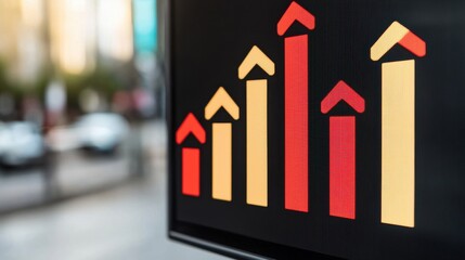 Poster - A vibrant display of a rising graph, symbolizing growth and success in business, showcased through colorful upward arrows on a digital screen.