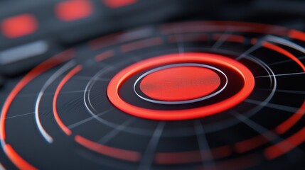 Poster - Close-up of a vibrant red and black circular design with intricate lines, perfect for modern technology themes and abstract concepts.