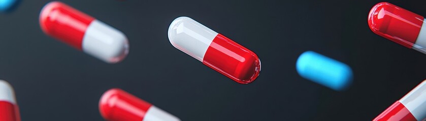 Vibrant capsules in red, white, and blue colors floating against a dark background, symbolizing health, medicine, and pharmaceutical innovation.