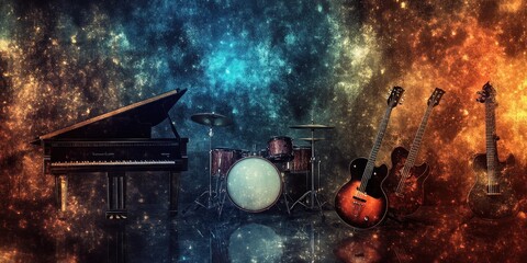 Canvas Print - A vibrant cosmic scene featuring musical instruments like a piano, drums, and guitars.