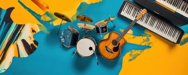 Wall Mural - A colorful arrangement featuring musical instruments on a vibrant backdrop.