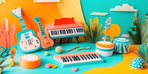 Wall Mural - A colorful arrangement of musical instruments and playful objects in a vibrant setting.