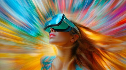 Poster - Beautiful girl with long hair in VR glasses. Blurred spectacular background in motion