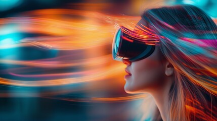 Poster - Beautiful girl with long hair in VR glasses. Blurred spectacular background in motion