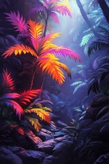 Sticker - Colorful tropical foliage illuminates a jungle path during early morning